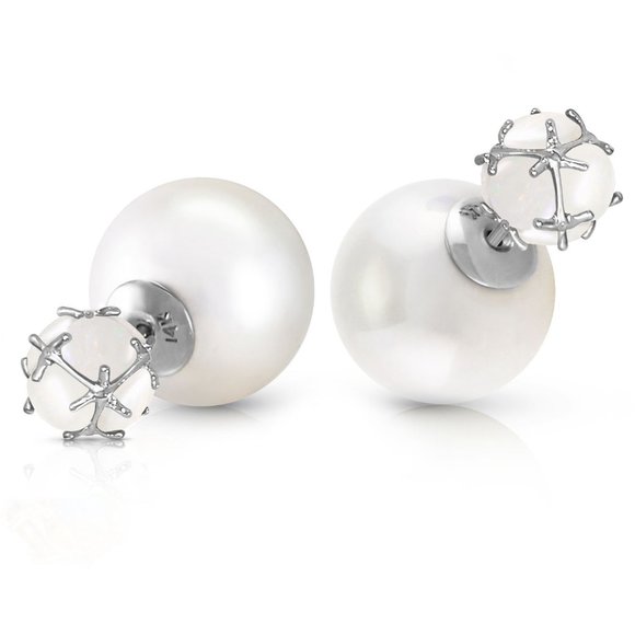 14K. SOLID GOLD TRIBAL DOUBLE SHELL PEARLS AND OPALS STUD EARRINGS (White Gold) - Picture 3 of 6